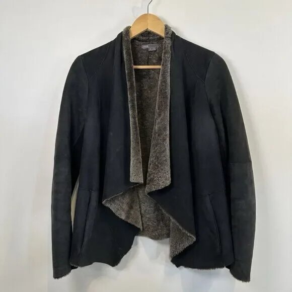 Vince Jacket Womens Small Black Spanish Merino Shearling Lamb Draped Cascade - Picture 1 of 16
